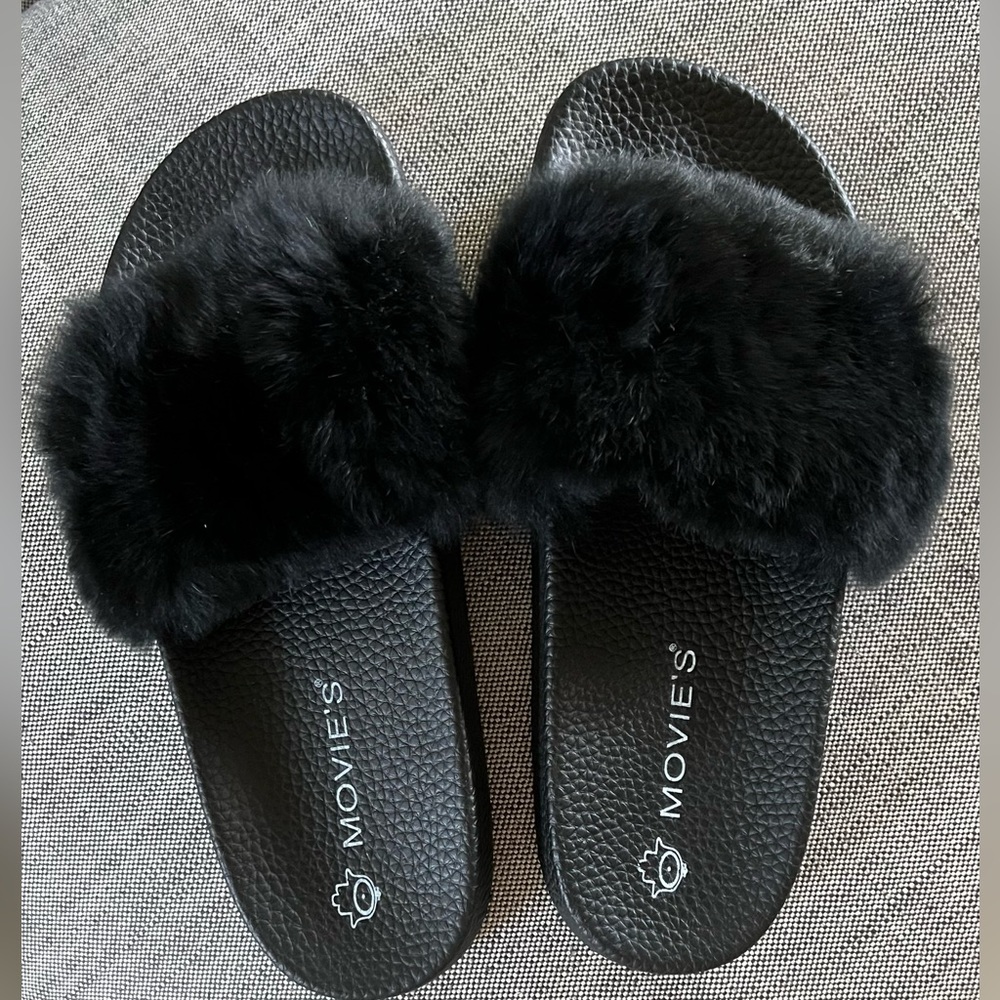 Slides w REAL Rabbit fur, black, size 38 (7), from Italy, unworn, unused, new